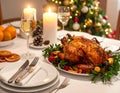 Christmas table setting with turkey. Holiday Christmas dinner Royalty Free Stock Photo