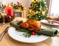 Christmas table setting with turkey. Holiday Christmas dinner Royalty Free Stock Photo