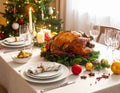 Christmas table setting with turkey. Holiday Christmas dinner Royalty Free Stock Photo