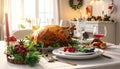 Christmas table setting with turkey. Holiday Christmas dinner Royalty Free Stock Photo