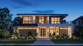 Modern House Exterior at Dusk, Luxury Home Design, Contemporary Architecture Royalty Free Stock Photo