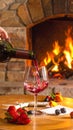 Art pouring wine by the fireplace Royalty Free Stock Photo
