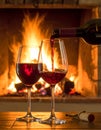 Art pouring wine by the fireplace Royalty Free Stock Photo