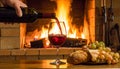 Art pouring wine by the fireplace Royalty Free Stock Photo