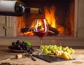 Art pouring wine by the fireplace Royalty Free Stock Photo