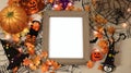 Halloween Frame Mockup, Orange Pumpkins, Spider Web Decor, Fall Leaves Royalty Free Stock Photo
