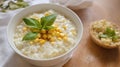 Creamy Corn and Rice Porridge with Basil, Healthy Breakfast or Meal Royalty Free Stock Photo