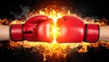 Boxing gloves clash fire with fight Royalty Free Stock Photo