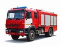 Red and white fire truck with a robust design, featuring multiple compartments with roll-up doors Royalty Free Stock Photo