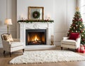 Elegant living room featuring a white fireplace adorned with a festive wreath and candles Royalty Free Stock Photo