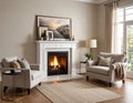 Cozy living room with a white fireplace featuring a burning fire Royalty Free Stock Photo