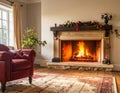 Cozy living room with a stone fireplace, logs burning brightly Royalty Free Stock Photo