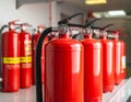 A row of bright red fire extinguishers is lined up on a shelf Royalty Free Stock Photo