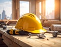 Yellow construction helmet on a wooden table with architectural blueprints and tools Royalty Free Stock Photo