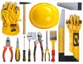 Assorted construction tools and protective gear are displayed Royalty Free Stock Photo