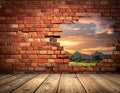 A red brick wall with a large, irregular hole reveals a scenic view Royalty Free Stock Photo