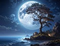 A serene coastal scene at night with a large, bright full moon dominating the sky Royalty Free Stock Photo