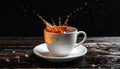 Cup of tea with splash on dark wooden background Royalty Free Stock Photo