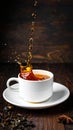 Cup of tea with splash on dark wooden background Royalty Free Stock Photo