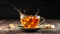 Cup of tea with splash on dark wooden background Royalty Free Stock Photo