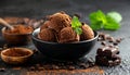 Chocolate coffee ice cream ball in a bowl with organic chocolate Royalty Free Stock Photo
