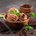 Chocolate coffee ice cream ball in a bowl with organic chocolate Royalty Free Stock Photo