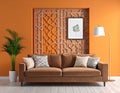 Modern living room with brown sofa against orange decorative panel - 3d rendering Royalty Free Stock Photo