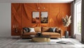 Modern living room with brown sofa against orange decorative panel - 3d rendering Royalty Free Stock Photo