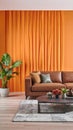 Modern living room with brown sofa against orange decorative panel - 3d rendering Royalty Free Stock Photo