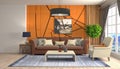 Modern living room with brown sofa against orange decorative panel - 3d rendering Royalty Free Stock Photo