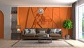 Modern living room with brown sofa against orange decorative panel - 3d rendering Royalty Free Stock Photo