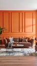 Modern living room with brown sofa against orange decorative panel - 3d rendering Royalty Free Stock Photo