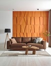 Modern living room with brown sofa against orange decorative panel - 3d rendering Royalty Free Stock Photo