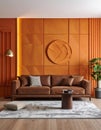 Modern living room with brown sofa against orange decorative panel - 3d rendering Royalty Free Stock Photo