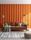 Modern living room with brown sofa against orange decorative panel - 3d rendering Royalty Free Stock Photo