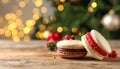 Beautifully decorated Christmas macarons on wooden table against blurred festive Royalty Free Stock Photo