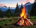 Beautiful bonfire with pile of burning firewood outdoors Royalty Free Stock Photo