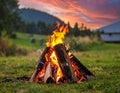 Beautiful bonfire with pile of burning firewood outdoors Royalty Free Stock Photo