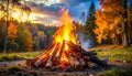 Beautiful bonfire with pile of burning firewood outdoors Royalty Free Stock Photo