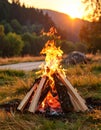 Beautiful bonfire with pile of burning firewood outdoors Royalty Free Stock Photo