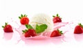 Strawberry splash with ball of vanila ice cream inside isolated, make more background Royalty Free Stock Photo