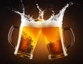 2 glasses of beer toasting with the foam of the cup making a splash out of the cup. Royalty Free Stock Photo