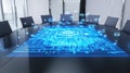 Futuristic boardroom with holographic digital interface on conference table, technology concept Royalty Free Stock Photo