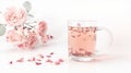 Rose Tea Aromatic Pink Roses and Petals in a Glass, Spa Wellness Concept Royalty Free Stock Photo