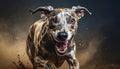 Muscly drooling greyhound, blue and gold, running, showing teeth, dog Royalty Free Stock Photo