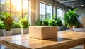 Bright Studio Home Office Move, Shipping, And Unboxing Cardboard Box On Wooden Table. Royalty Free Stock Photo