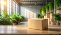 Home Office Move, Shipping, And Unboxing Cardboard Box On Wooden Table In Bright Studio. Royalty Free Stock Photo