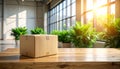 In Bright Studio Home Office Move, Shipping, And Unboxing Cardboard Box On Wooden Table Royalty Free Stock Photo