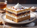 Three-layered cake with alternating sponge and cream layers Royalty Free Stock Photo
