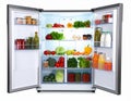 Open refrigerator filled with various fresh produce and beverages Royalty Free Stock Photo